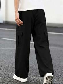 1pc Teen Boys Lightweight Cooling Versatile Straight Leg Multi-Pocket Long Pants, Spring/Summer/Autumn Back To School Season - Black - View 2
