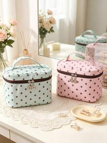1pc Polka‑Dot Cosmetic Bag Large Capacity Waterproof Makeup Organizer Portable Handheld Travel Toiletry Storage Pouch For Women Flower Zipper Handbag - Multicolor - View 4