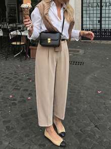 Spring Summer Autumn Khaki Straight Leg Casual Long Pants Commute Office Style Daily - Apricot - View 3