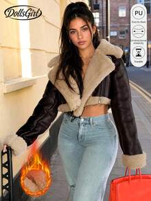 Street Style Turndown Collar Zipper Cuff Teddy Fleece Lined PU Leather Short Motorcycle Jacket, Halloween Costume Winter - Chocolate Brown - View 1