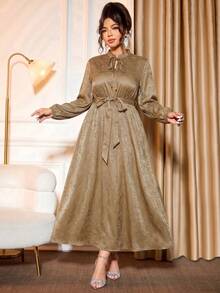 Plus Size Women's Fitted Satin Jacquard Tie-Up Long Sleeve Dress - Champagne - View 5