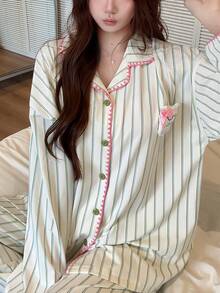 Gongdie 2 Pieces Disney Toy Story Women's Pajama Set,Fall Green Striped Soft Cotton Loungewear With Pink Trim And Pocket - Apricot - View 4
