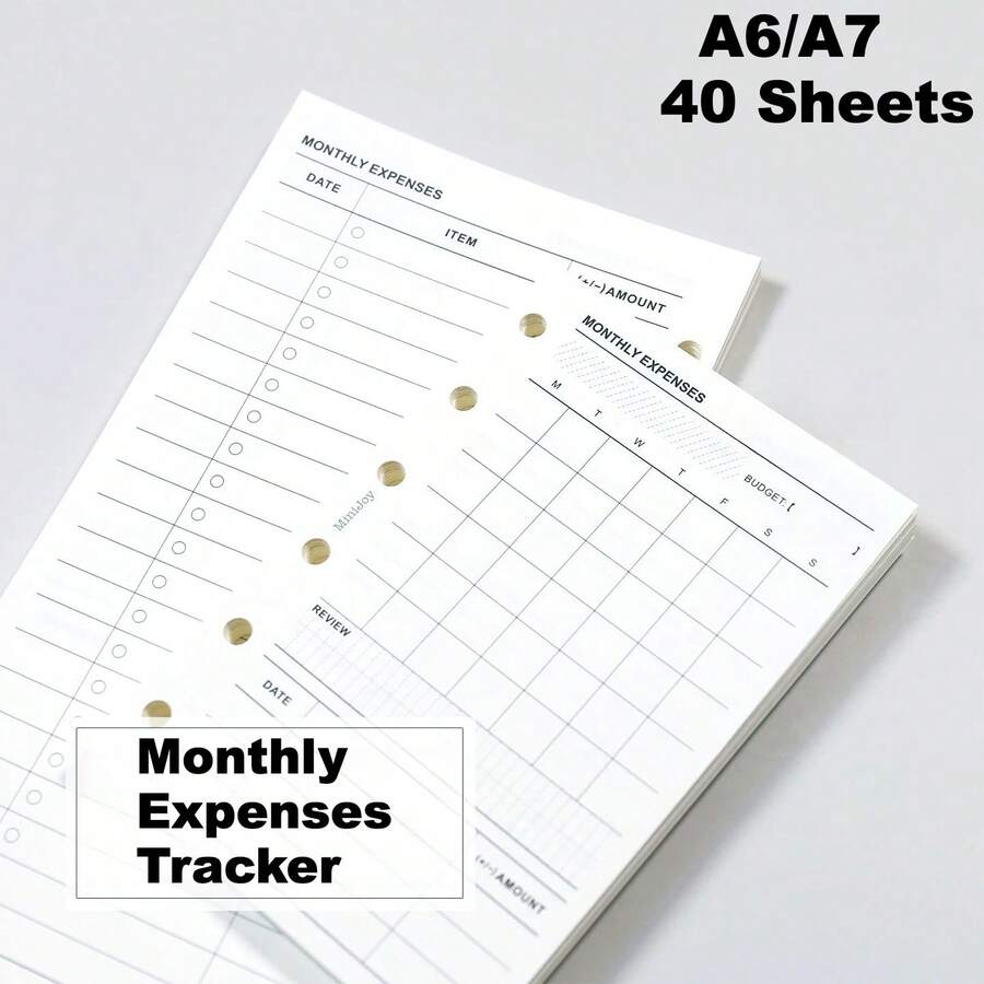 40 Sheets A6/A7 Monthly Budget Planner Inserts, 6 Hole Loose Leaf Expense Tracker Refill Paper, Undated Monthly Expense Record & Review Sheets For Personal Finance Journaling Scrapbooking Supplies - Monthly Budget - View 1