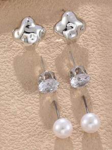 NAIZHU 9 Pairs Kids Fashion Metallic Bow Geometric Faux Pearl Earrings Set, Suitable For Daily Wear, Party Accessories, Gift - Silver - View 5