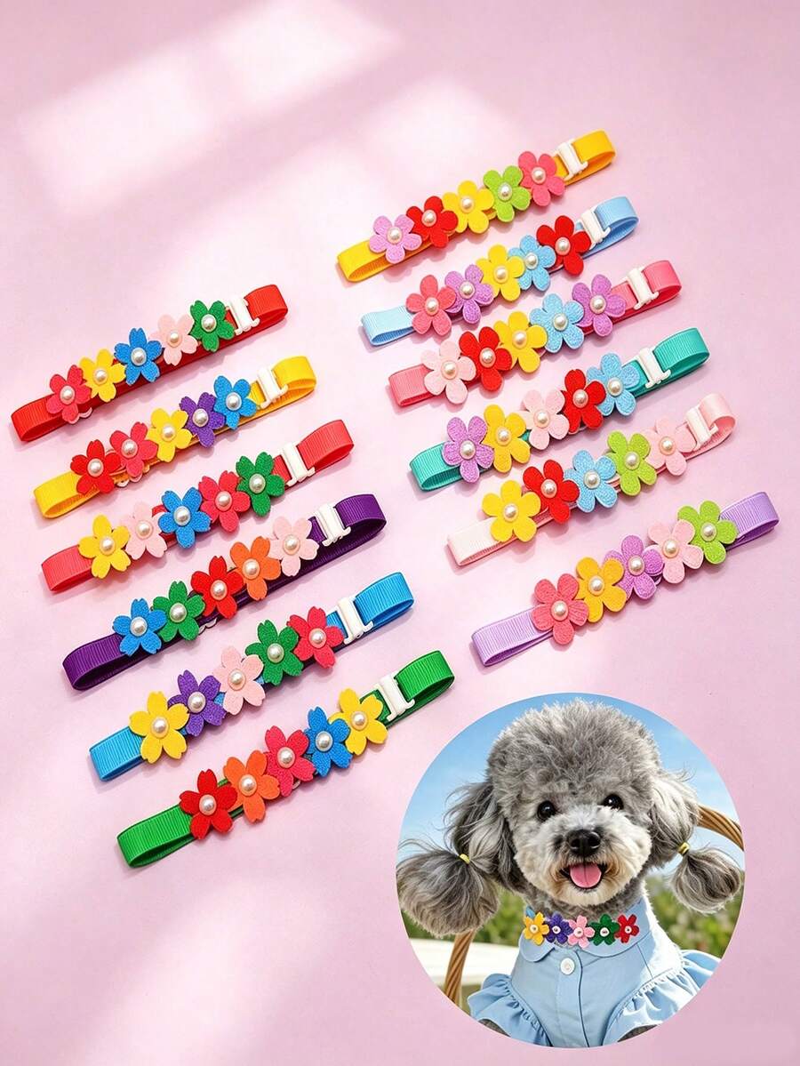 2/12Pcs Pearl Colorful Flower Pet Collar Bows, Adjustable Ribbon Collar Decor For Small & Medium Dogs And Cats, Pet Photoshoot Props For Daily & Party Use, Lovely Gifts To Delight Pets For Pet Birthday, Valentine's Day & Christmas - Multicolor - View 1