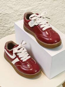Girls' Burgundy Colorblock Striped Lace-Up Retro Gum Sole Versatile Casual Sneakers - Burgundy - View 5
