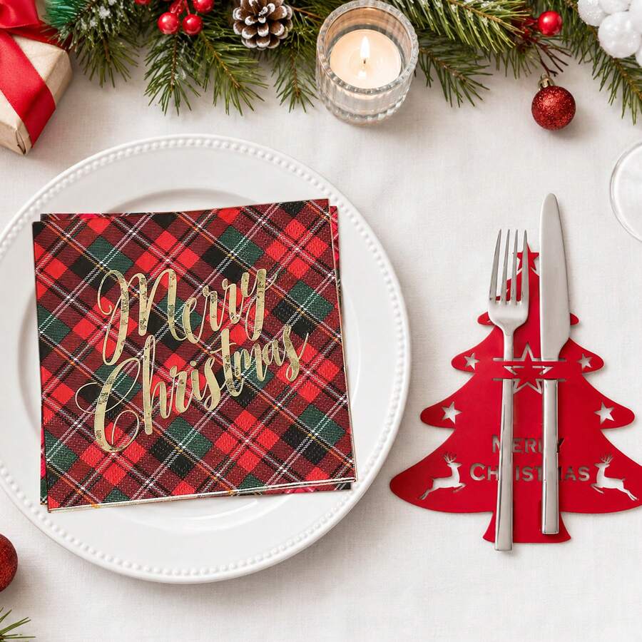 8pcs/44pcs Christmas Table Decor Set, Plaid Paper Napkins, Christmas Tree Cutlery Holder Bag, Christmas Dinner Party Home Table Decoration Supplies - Multicolor - View 1