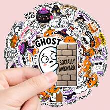 50pcs Funny & Cute Halloween Quote Stickers, Sleepy Pumpkin, Cheerful Ghost, Black Cat, Humorous Slogan Waterproof Decorative Stickers, Suitable For Laptop, Water Bottle, Planner, Scrapbook - Multicolor - View 4