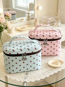 1pc Polka‑Dot Cosmetic Bag Large Capacity Waterproof Makeup Organizer Portable Handheld Travel Toiletry Storage Pouch For Women Flower Zipper Handbag - Multicolor - View 5