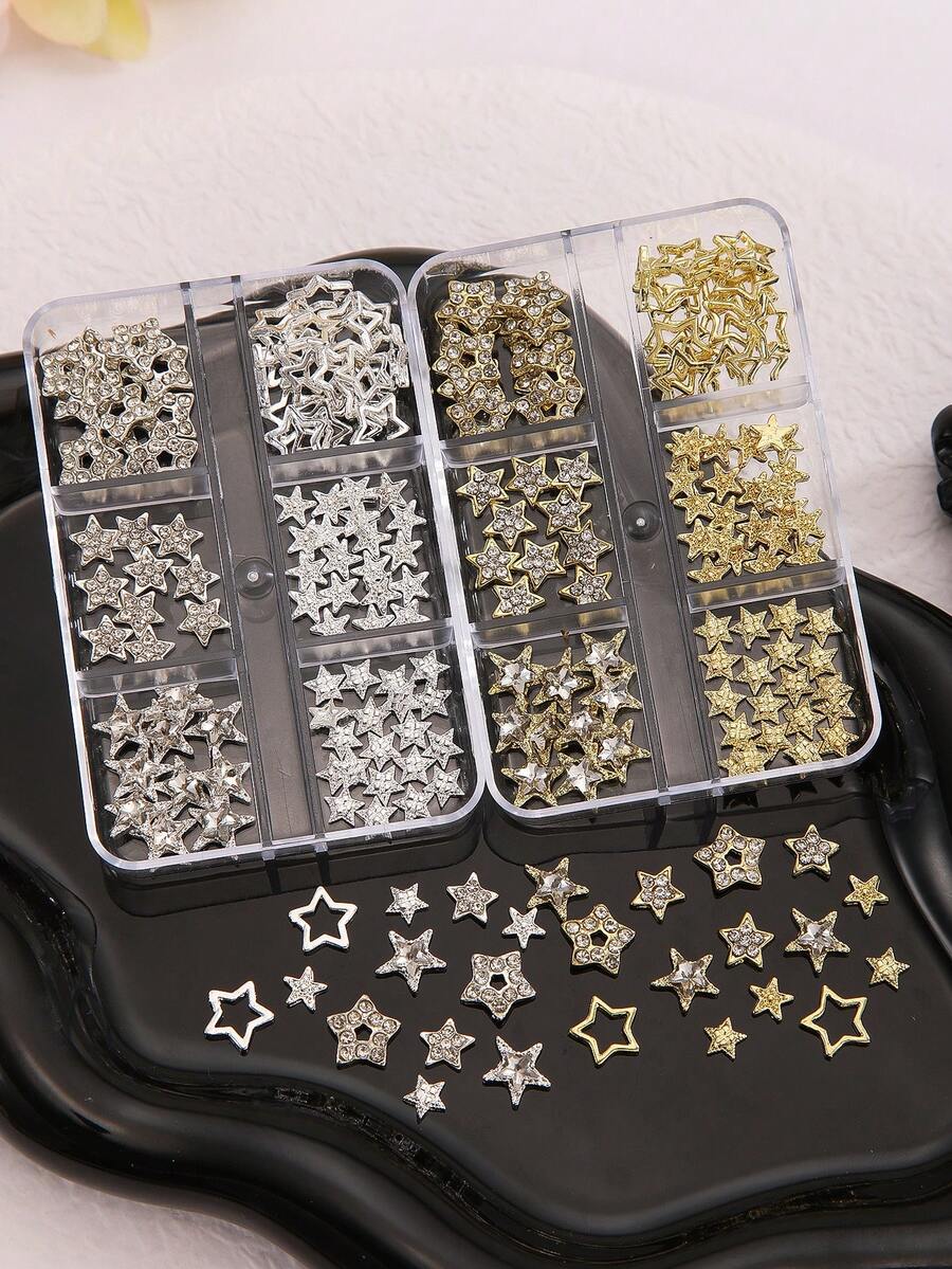 90 PCS Star Nail Charms Boxed Gold Silver Alloy 3D Rhinestone Star Nail Art Decor Multi‑Style Hollow Pentagram Nail Jewels DIY Manicure Accessories