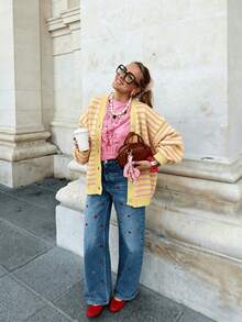 Women's Striped Cardigan Knit Sweater, Long Sleeve Button-Up Casual Loose Top Suitable For Autumn/Winter, Beach, Party And Holiday Wear Fall - Pale Yellow - View 4