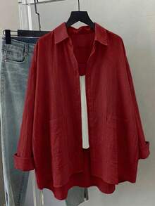 Women's Plus Size Solid Color Casual Loose Fit Shirt, Dropped Shoulder Long Sleeve Design, Woven Fabric, With Front Pocket, Versatile Top Red - Red - View 4