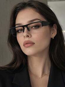 New Square Half-Frame Metal Hinge Fashion INS Style Plain Lens Glasses - 537 Black - View 11
