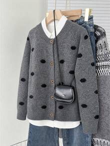 Women's Round Neck Polka Dot Knit Cardigan, Comfortable Button Sweater, Suitable For Autumn/Winter Thanksgiving, Halloween, Christmas Outfits - Grey - View 7