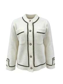 Women's 1pc Elegant White Knit Long Sleeve Button-Up Cropped Cardigan Sweater Jacket, Autumn Outfit Recommendation - White - View 2