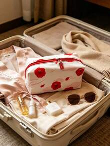Tas Kosmetik Motif Bunga Merah Shiseido, Tas Organizer Makeup Perjalanan Portabel Tahan Lama, Tas Penyimpanan Serbaguna, Ideal untuk Penggunaan Sehari-hari, Hadiah Liburan SHISEIDO-GIFT-10 - Merah - View 3