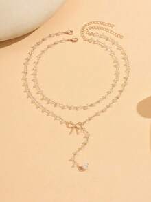 2pcs Minimalist Asymmetric Crystal Necklace, Fashion Layered Bowknot Decor Necklace, Suitable For Daily Wear, Date, Party And Music Festival. Adjustable Chain Length - White - View 3