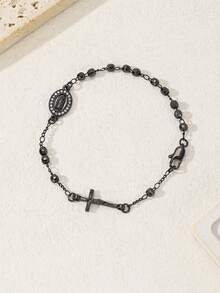 1pc Classic Copper Handmade Beaded Rosary Virgin Mary Bracelet, With The Same Style For Men And Women, Suitable For Ladies' Daily Use. - Black - View 4