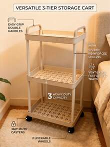 3-Tier White Plastic Rolling Storage Cart With Handle - Multi-Functional Storage Organizer For Kitchen, Bathroom And Bedroom - Durable Mesh Shelves Easy To Access, Mobile Practical Storage Cart | Modern Storage | Ventilated Storage - Multicolor - View 1