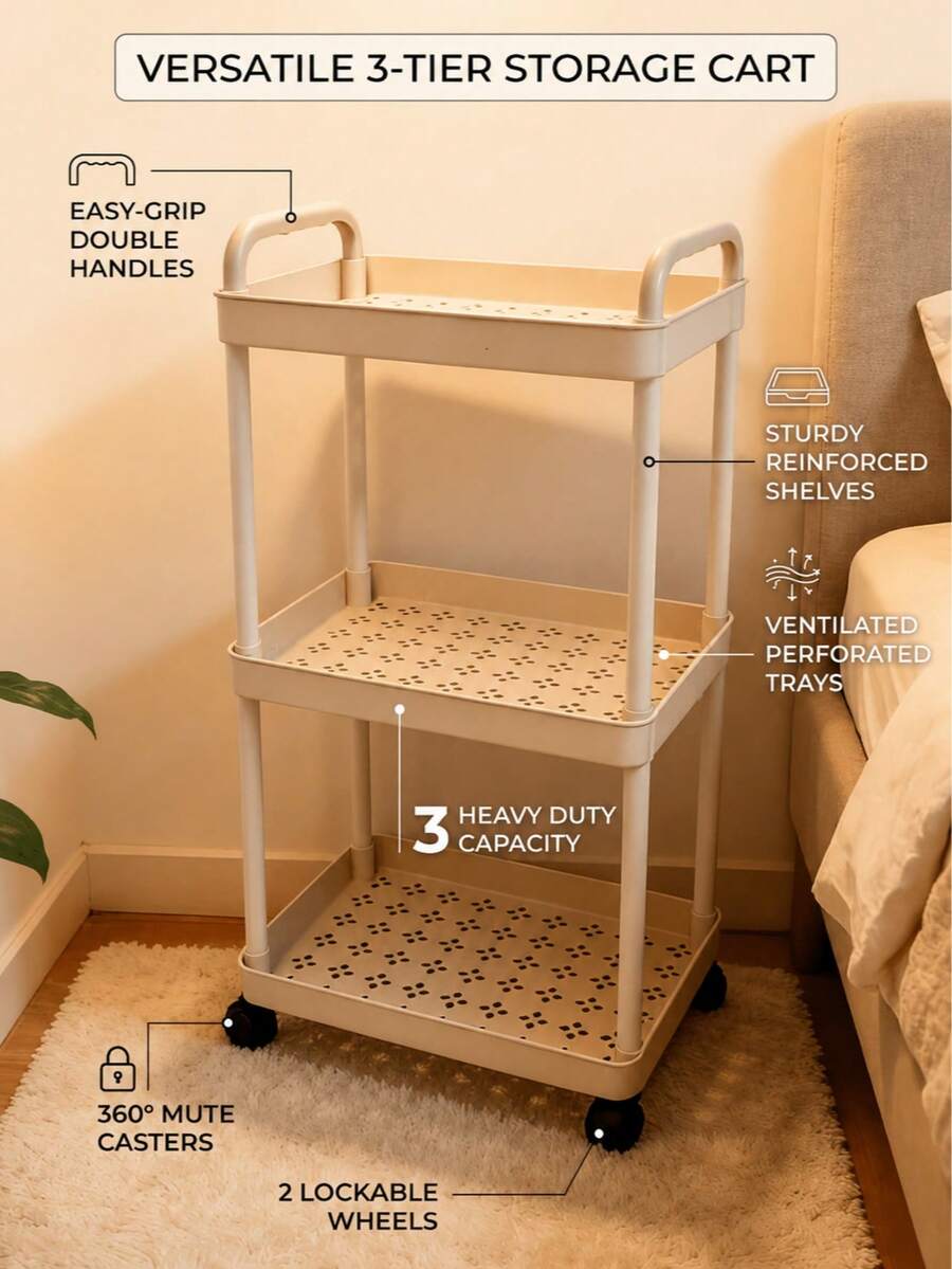 3-Tier White Plastic Rolling Storage Cart With Handle - Multi-Functional Storage Organizer For Kitchen, Bathroom And Bedroom - Durable Mesh Shelves Easy To Access, Mobile Practical Storage Cart | Modern Storage | Ventilated Storage - Multicolor - View 1