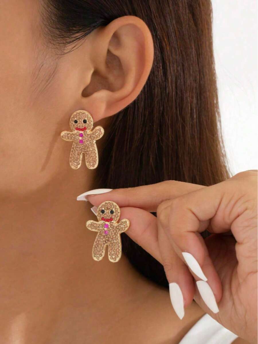 Lindos pendientes de Navidad con hombre de jengibre de diamantes de colores estilo europeo y americano - hombre de jengibre - Ver 1