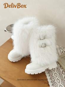 2026 Winter Girls' Plush Mid-Calf Boots, Long Fur Upper With Double Metal Buckle Decor, Round Toe, Thick Serrated Non-Slip Sole, Warm Snow Boots, Sweet & Cool Style, Daily Wear, Outdoor, Photo Outfit, Mid-Calf Kids' Shoes - Beige - View 4