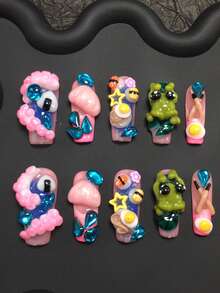 10pcs Handmade Press-On Nails, 33mm Square Nail Tips, 3D Green Frog With Lotus Leaf, Pink Bubble Octopus, Pink Chopsticks With Fried Egg, Yellow Star, Orange Sushi, Royal Blue Water Drop Rhinestone Design, Suitable For Spring Summer Autumn Winter, Essential Nail Decor For Parties, Banquets, Travel And Vacations - Multicolor - View 2