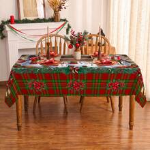 1pc Christmas Snowman Snowflake Pine Branch Plaid Print Rectangular Tablecloth, Suitable For Holidays, Parties, Birthdays, Dinners, Restaurant Table Decor, Christmas Home Autumn/Winter Decoration - Multicolor - View 2