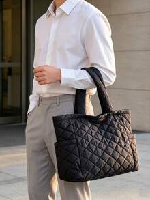 Men Black Quilted Tote Bag Lightweight Padded Shoulder Bag Large Capacity Casual Work Travel Daily Handbag For Men - Black - View 2