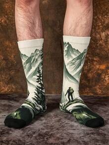1/3 Pairs Mountain Hiker Creative Landscape Print Mid-Calf Socks, Christmas Holiday Outdoor Style Men's Socks - Multicolor - View 8