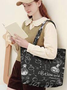 1Pc Chemical Elements All‑Over Print Corduroy Large Capacity Open Top Tote Bag, Holds Books Daily Essentials For Student School Shopping Daily Travel - Multicolor - View 6
