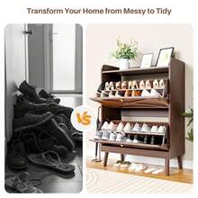 Shoe Storage Cabinet With 2 Flip Drawers Entryway Shoe Cabinet, Metal Hooks & Adjustable Shelves, Freestanding Narrow Shoe Rack For Hallway Foyer, Brown - Brown - View 7