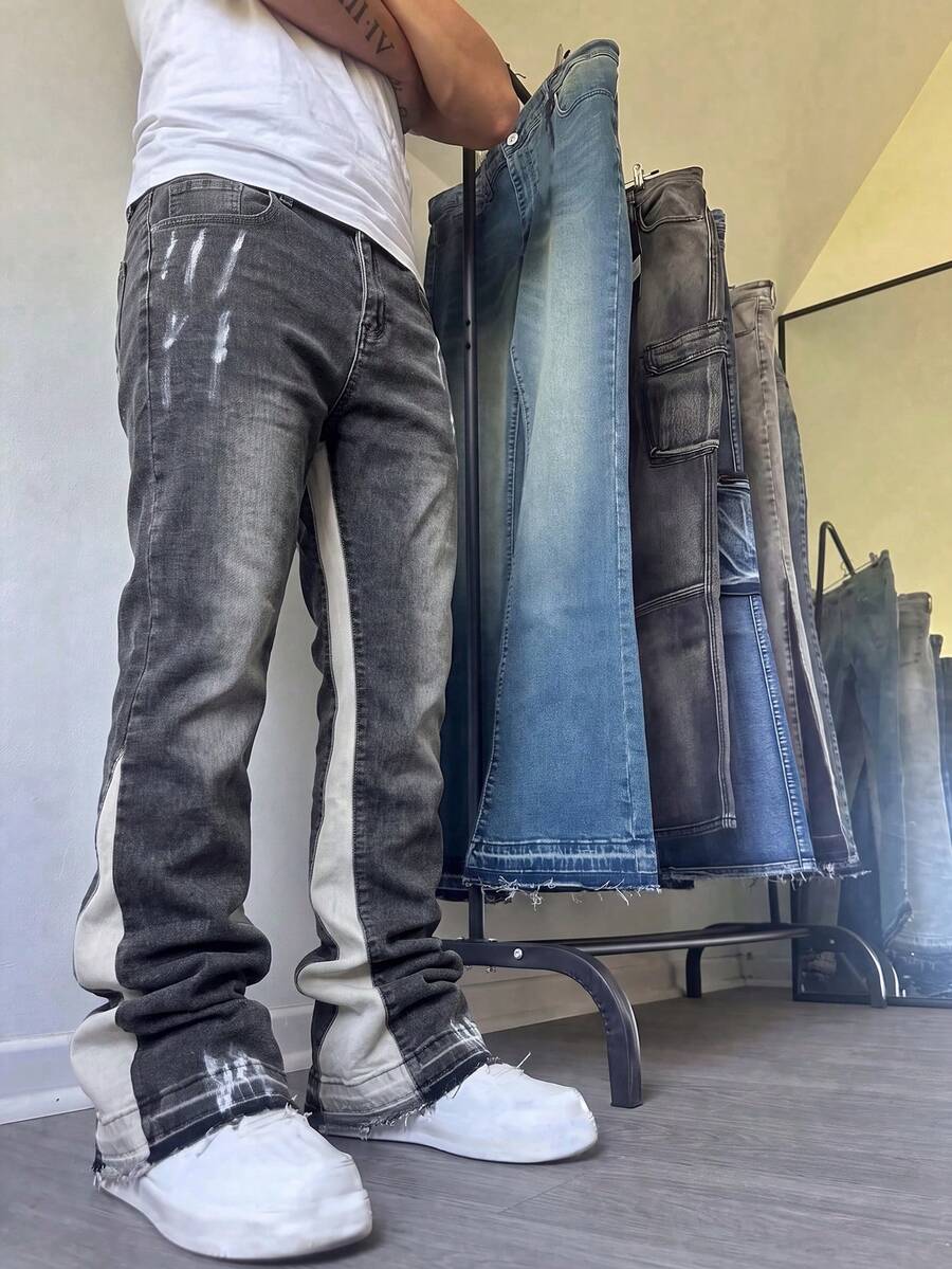 Men's Denim Jeans Flared Leg Jeans, Slim Fit Distressed Flare Leg Jeans, Y2K Stacked Jeans, Versatile Washed Embroidered Jeans For All Seasons - الأسود - مشاهدة 1