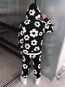 2pcs/Set Tween Boys Casual Street Hip-Hop Style All-Over Print Design Hoodie Long Sleeve Sweatshirt And Matching Printed Long Pants Set Spring/Autumn - Black - View 2