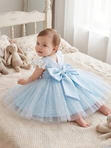 Baby Girl Light Blue Princess Dress, Floral Embroidery Lace Ruffle Sleeve, Glitter Star Tulle Skirt, Large Bow Back, Birthday Wedding Party Photo Style - Blue - View 2