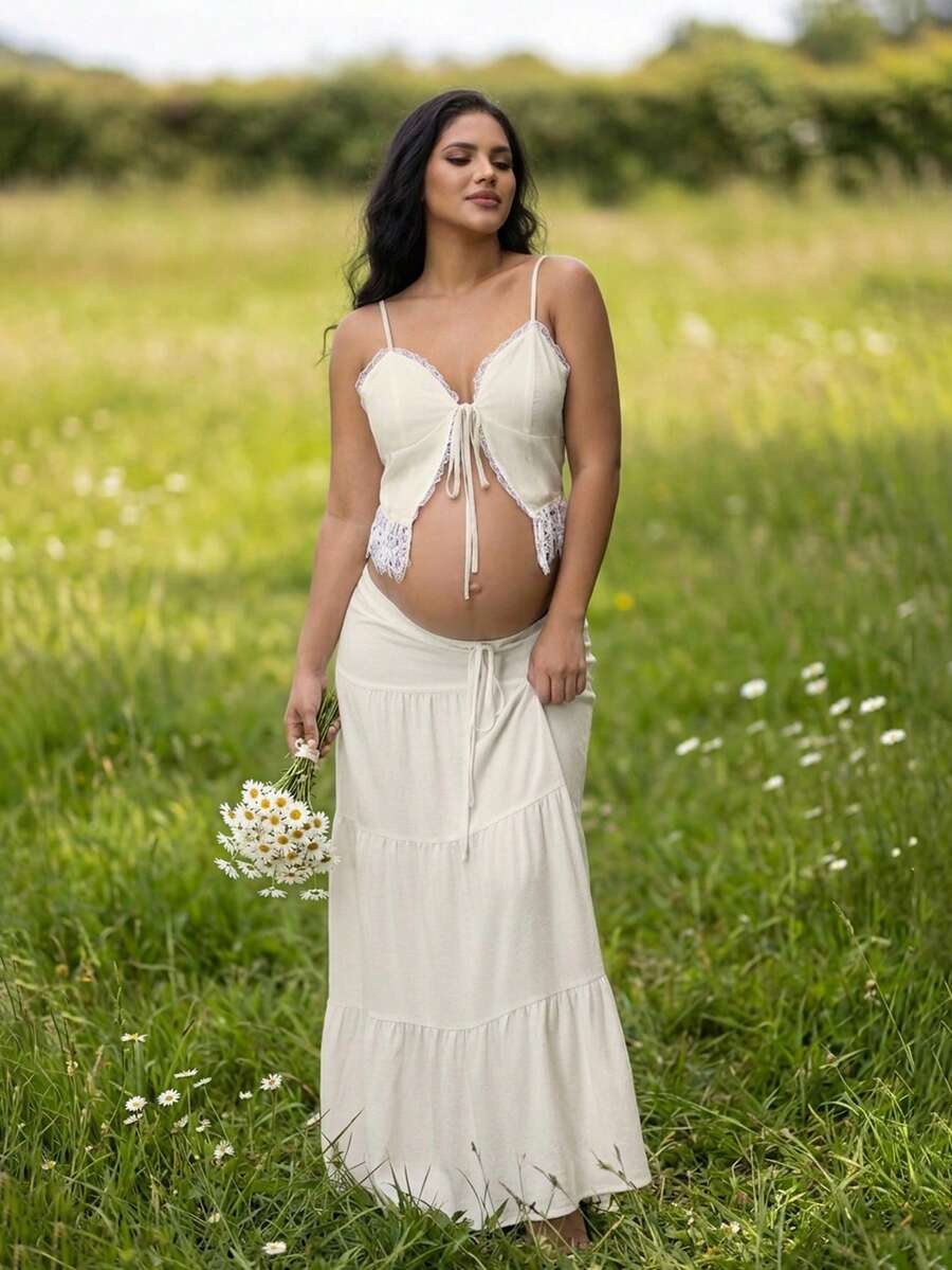 JustVH 女款孕婦套裝,蕾絲拼接繫帶前襟V領上衣與飄逸長裙,2件/套,適合攝影、沙灘穿著、寶寶派對 - 杏色 - 查看 1
