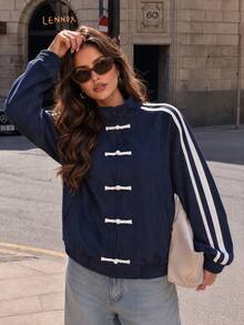 Women's Autumn/Winter New Faux Suede Patchwork Side Stripe Zipper Chinese Frog Button Raglan Sleeve Jacket, Elastic Cuffs And Hem Outerwear - Navy Blue - View 5