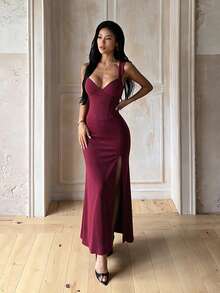 Women's Solid Color Elegant Waist-Cinching Party Dress - Burgundy - View 2