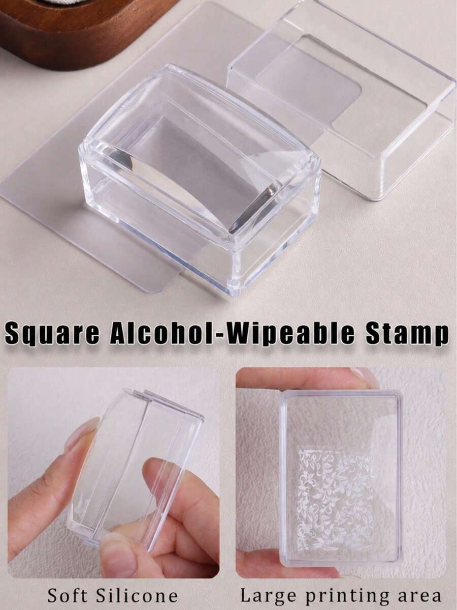 Square Transparent Silicone Nail Art Stamping Set, High Transparency, Alcohol-Wipeable, Suitable For Large Steel Plates, Rectangular Jelly Nail Art Stamping Cap With Scraper And Silicone Replacement Stamp Heads - Multicolor - View 1