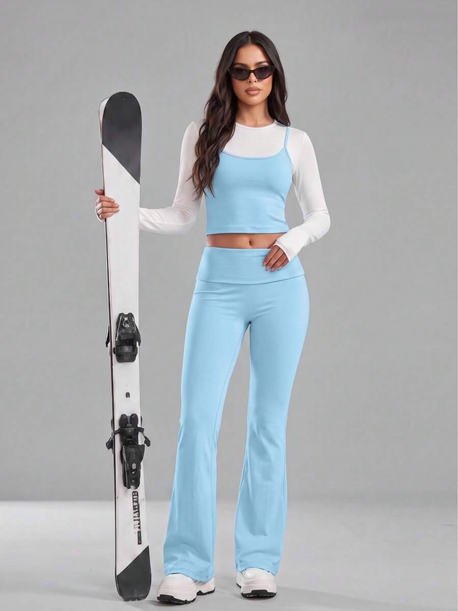 3pcs Solid Color Flare Pants Set, Includes Spaghetti Strap Cropped Tank Top And Long Sleeve Top, High Waist Yoga Outfit - Blue and White - View 1