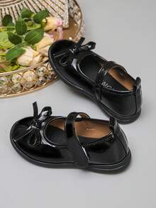 Girls' Black Bow Mary Jane Shoes, Soft & Comfortable Sole, Hook & Loop Design For Easy On/Off, Princess Shoes For School, Performance, Flower Girl, Formal Occasions - Black - View 1