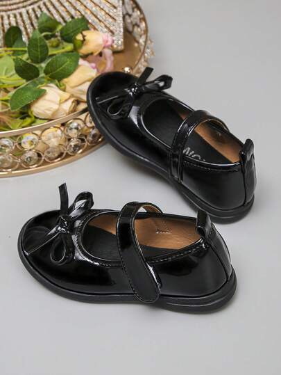 Girls' Black Bow Mary Jane Shoes, Soft & Comfortable Sole, Hook & Loop Design For Easy On/Off, Princess Shoes For School, Performance, Flower Girl, Formal Occasions