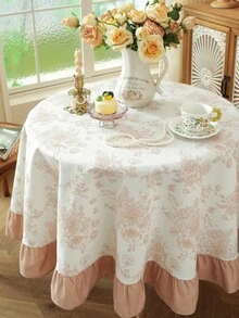 1pc American Vintage Pastoral Style Round Polyester Cotton Tablecloth, Pleated Ruffle Edge, Suitable For Outdoor Dining Table, Camping Picnic, Farmhouse Daily Decor, Home Tablecloth Decoration Fabric - Apricot - View 3