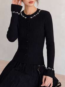 Women's Autumn/Winter Casual Elegant Lady Style Beaded Design Round Neck Cardigan Knit Sweater - Black - View 3