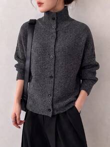 Women's Autumn/Winter Casual Minimalist New Floral Yarn Design Sweater Cardigan - Dark Grey - View 1