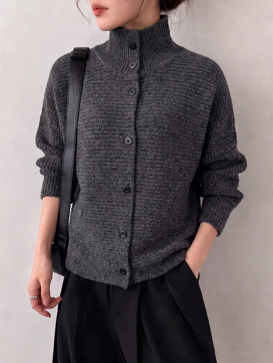 Women's Autumn/Winter Casual Minimalist New Floral Yarn Design Sweater Cardigan - Dark Grey - View 1