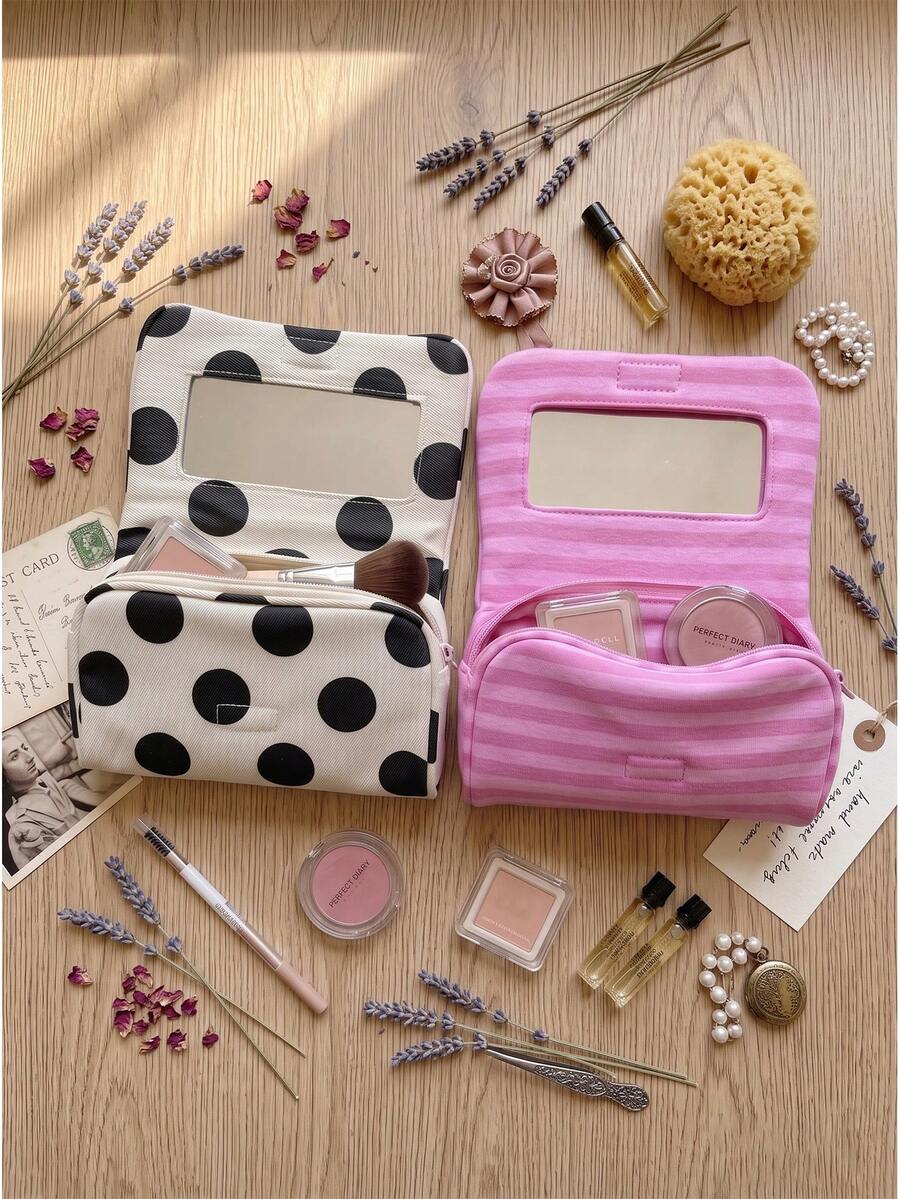 1pc Polka Dot & Striped Makeup Bag With Built-In Mirror, Portable Large Capacity Cosmetic Storage Bag, Women & Girls Travel Toiletry Organizer, Daily Use - Multicolor - View 1