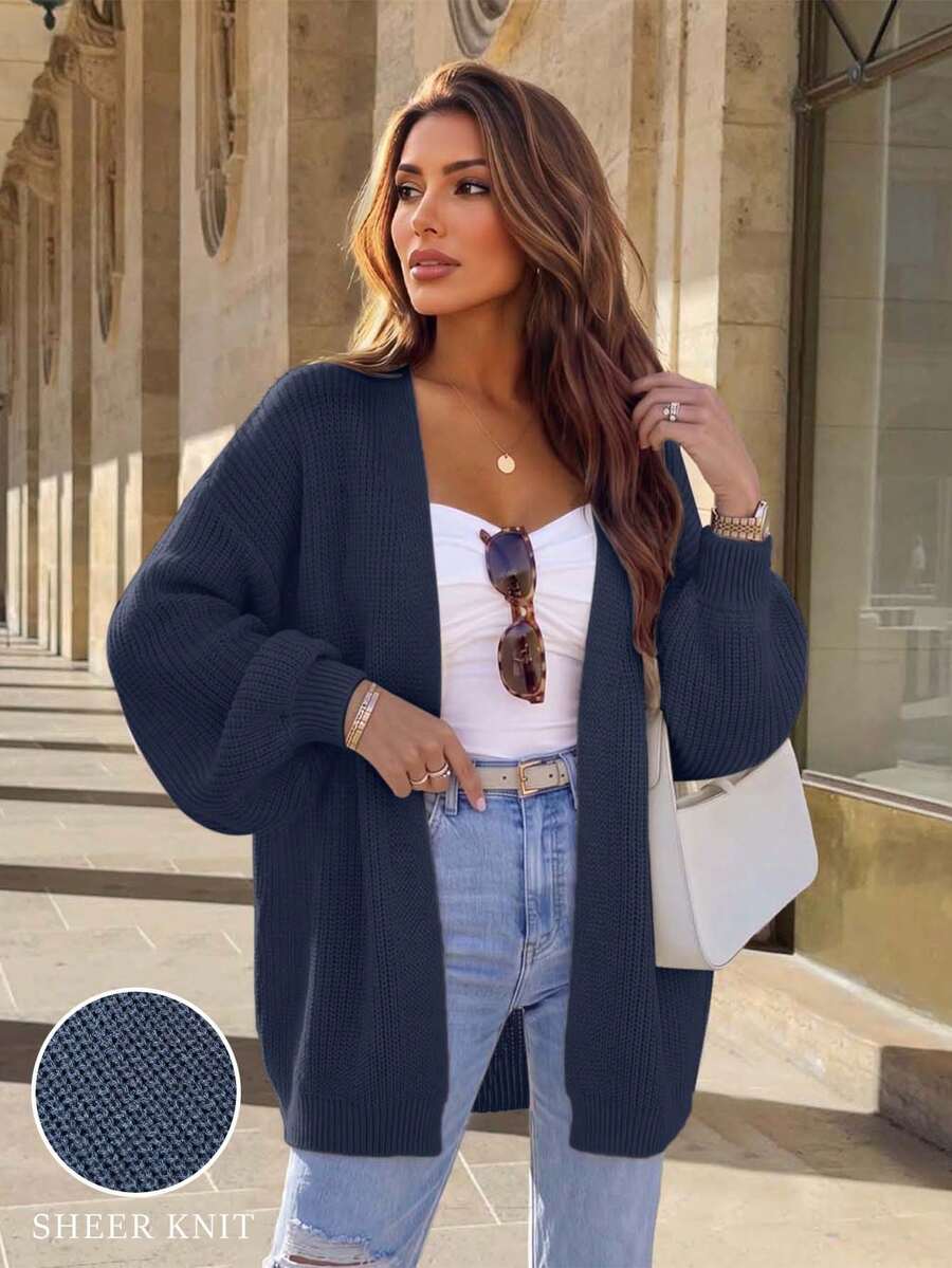 1pc Women's Solid Color Casual Loose Long Sleeve Lantern Sleeve Knit Cardigan, Autumn/Winter, Long Sleeve Top Fall
