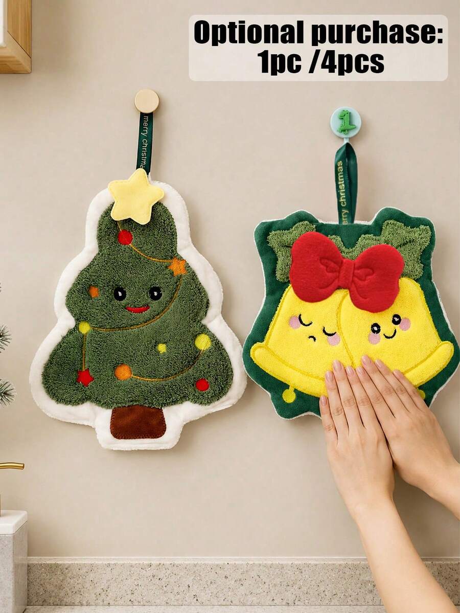 1pc/4pcs-Christmas Theme Hand Towel Christmas Tree Gingerbread Man Bell Santa Claus Decorative Towel Super Absorbent Soft No Shedding Multi-Purpose - Multicolor - View 1
