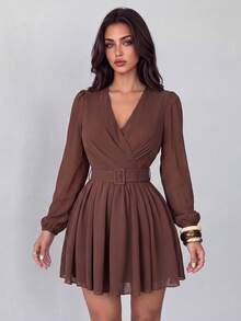 Women's Brown Casual Chic V-Neck Long Sleeves Chiffon Short Dress With A-Line Flared Hem, Perfect For Vacations, Fall Going Out, Festival & Graduation - Coffee Brown - View 4